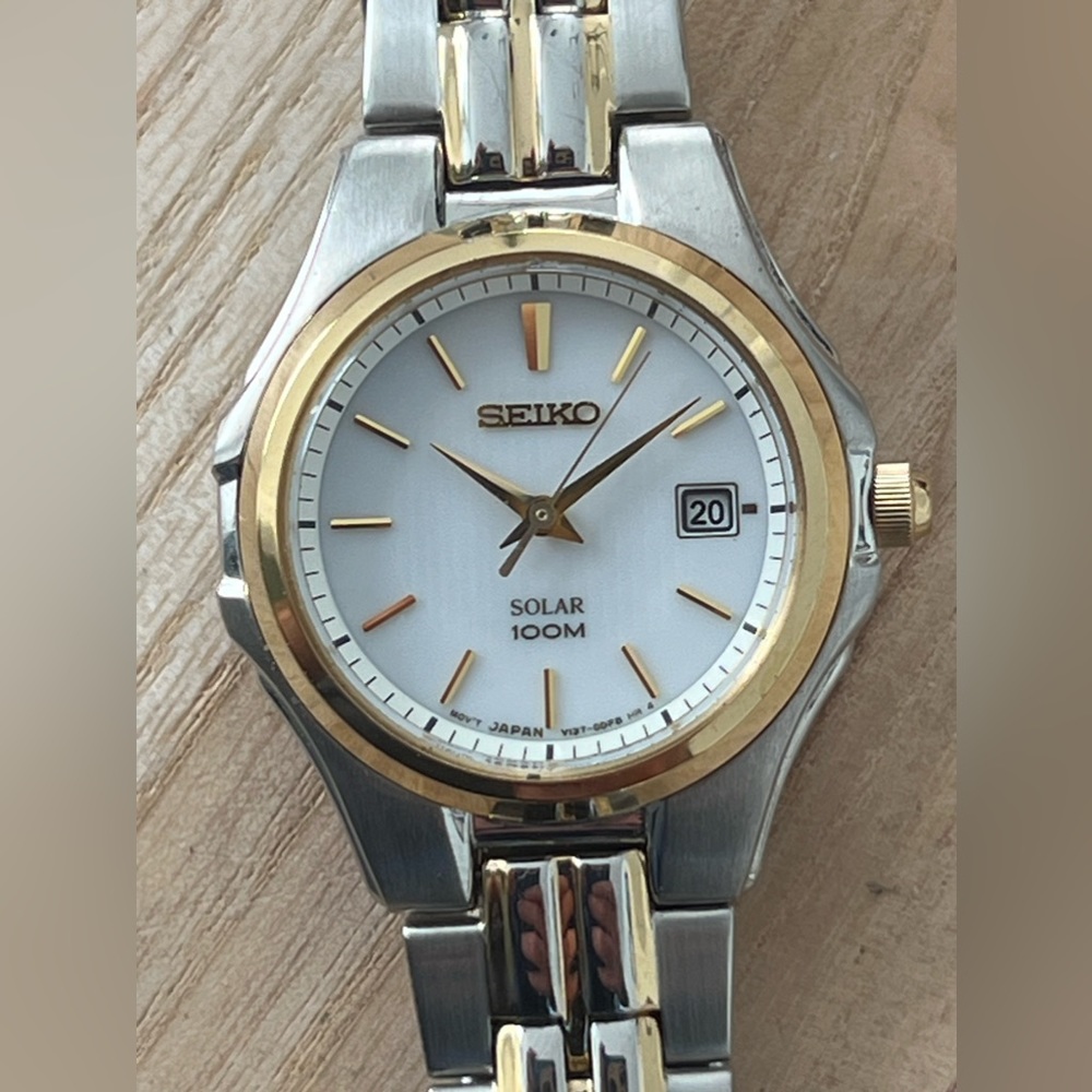 Seiko Solar Ladies Watch Two-Tone Bracelet White Dial Date Window